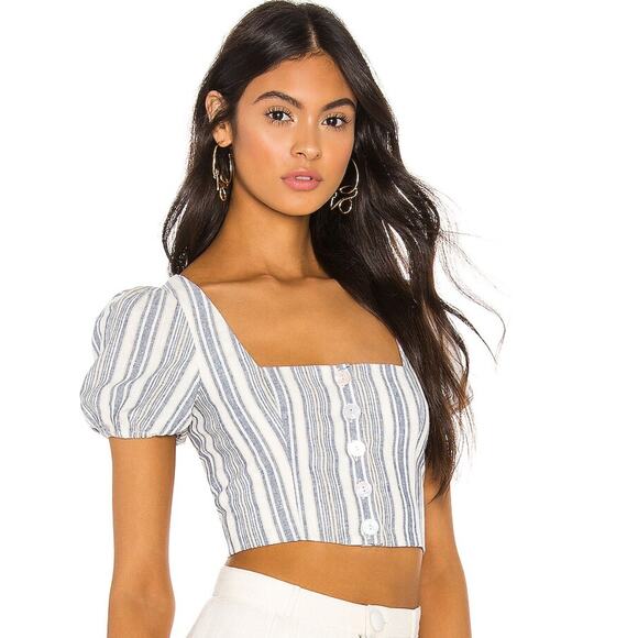Privacy Please Paola Linen Crop Top in Blue Chambray Stripe NWT Small - Picture 2 of 3